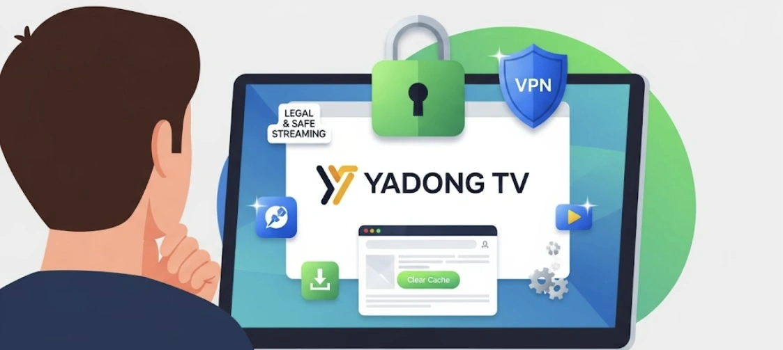 컴퓨터화면에 안전마크와 VPN 마크가 그려져 있는 이미지를 한남자가 응시하고 있다